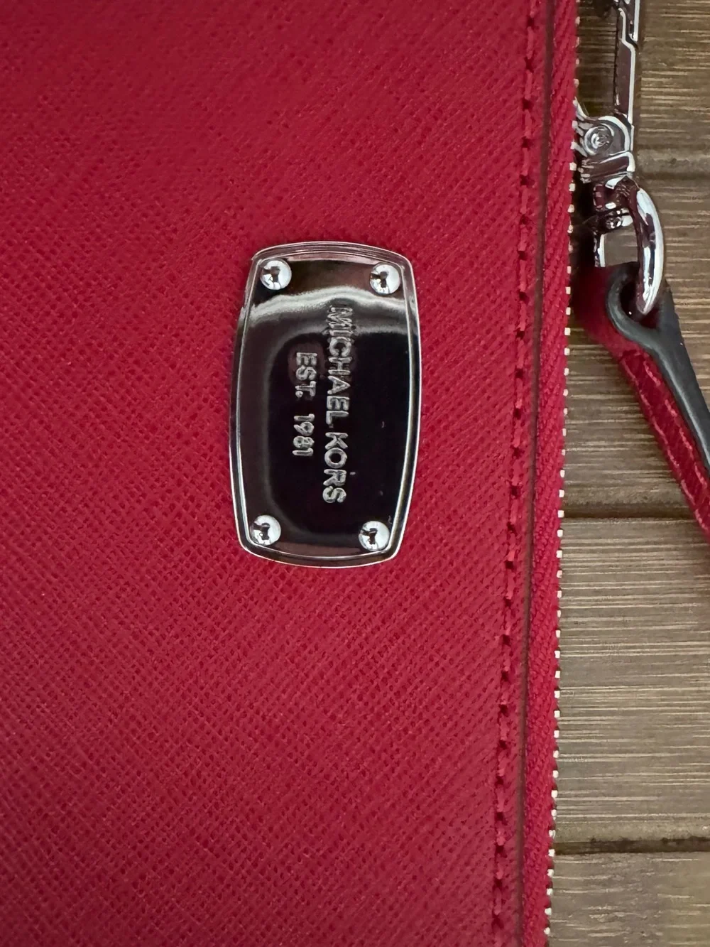 Michael Kors Red Saffiano Zip Wristlet with Metal Logo Plaque